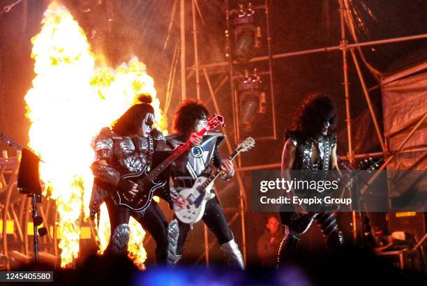 Gene Simmons, Tommy Thayer and Paul Stanley of American rock band Kiss perform on stage during the third day of the Hell & Heaven Metal Fest at Foro...