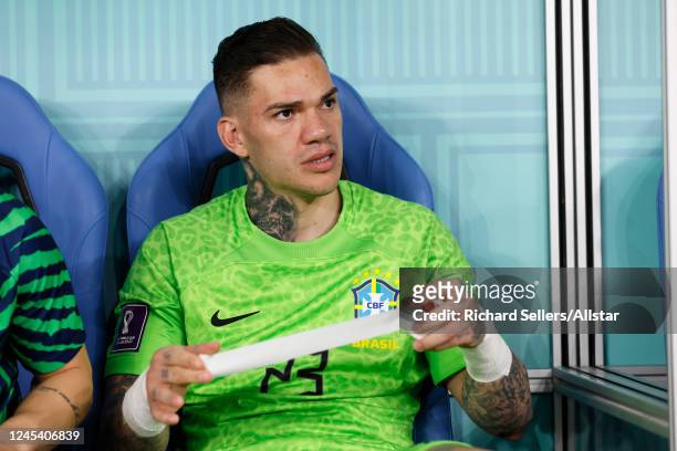 Ederson of Brazil on the bench before the FIFA World Cup Qatar 2022 Round of 16 match between Brazil and South Korea at Stadium 974 on December 5,...