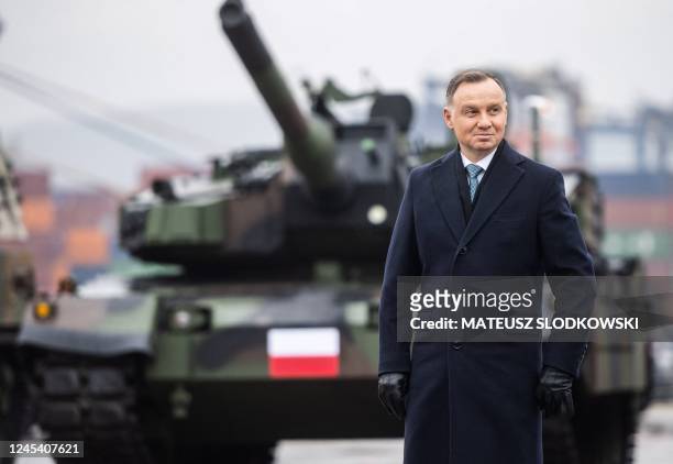 Polish President Andrzej Duda attends the acceptance of the first South Korean K2 battle tanks and South Korean K9 howitzers for Poland in December...