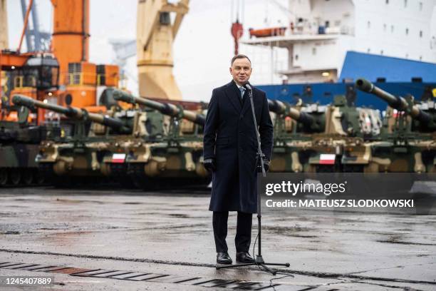 Polish President Andrzej Duda speaks during the acceptance of the first South Korean K2 battle tanks and South Korean K9 howitzers for Poland in...