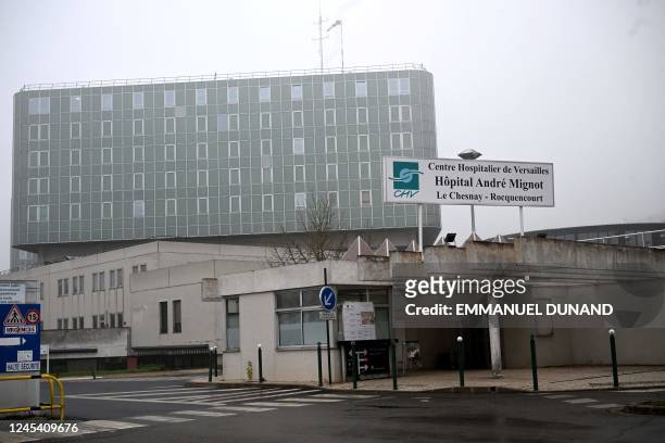 This photo taken on December 6, 2022 shows the main entrance to the Andre Mignot hospital in Le Chesnay-Rocquencourt, outside Paris. - Over the...