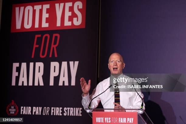 General Secretary of the Fire Brigades Union, Matt Wrack speaks during a firefighters rally to lobby Parliament over a pay dispute in central London...