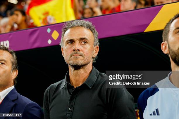 Head coach Luis Enrique of Spain looks on prior to the FIFA World Cup Qatar 2022 Round of 16 match between Morocco and Spain at Education City...