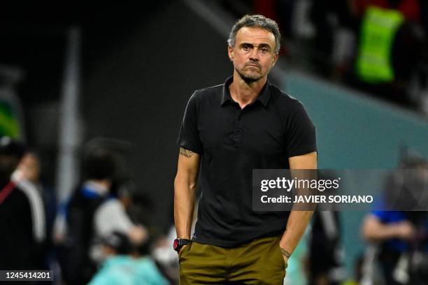 Spain's coach Luis Enrique gestures on the touchline during the Qatar 2022 World Cup round of 16 football match between Morocco and Spain at the...