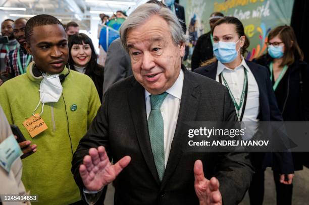 United Nations Secretary General Antonio Guterres leaves after participating in the United Nations Biodiversity Conference Youth Summit at Quai...