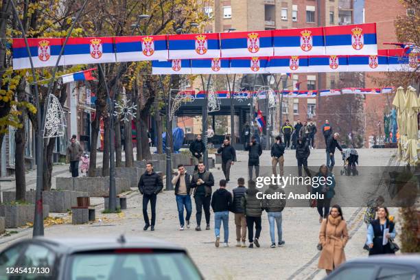 General view of the scene as security forces take measures nearby the Municipal Elections Commission office on the northern bank of the Ibar river of...