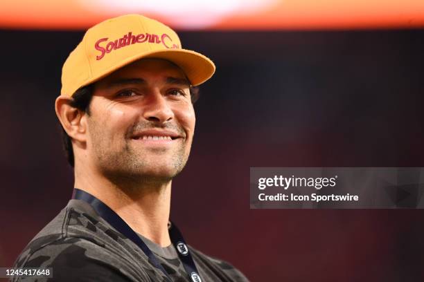 Former USC quarterback Mark Sanchez looks on during the Pac-12 Conference championship game between the Utah Utes and the USC Trojans at Allegiant...