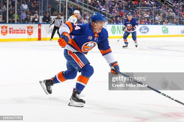 Cole Bardreau of the New York Islanders in action against the Nashville Predators at UBS Arena on December 02, 2022 in Elmont, New York. New York...