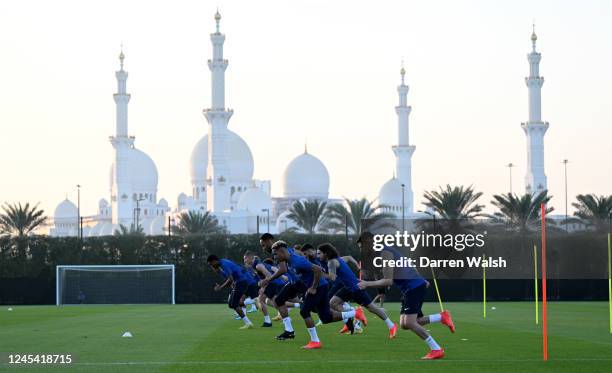 Chelsea team during a training session at The Ritz Carlton on December 6, 2022 in Abu Dhabi, United Arab Emirates.