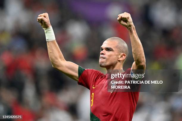 Portugal's defender Pepe celebrates scoring his team's second goal during the Qatar 2022 World Cup round of 16 football match between Portugal and...