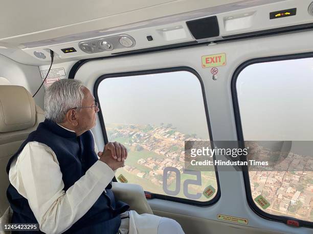 Bihar Chief Minister Nitish Kumar conducts an aerial survey of erosion in the Ganga river in Bhagalpur and Katihar, on December 6, 2022 in Patna,...