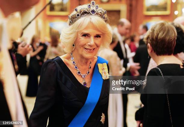 Camilla, Queen Consort during a Diplomatic Corps reception at Buckingham Palace on December 6, 2022 in London, England. The last Reception for the...