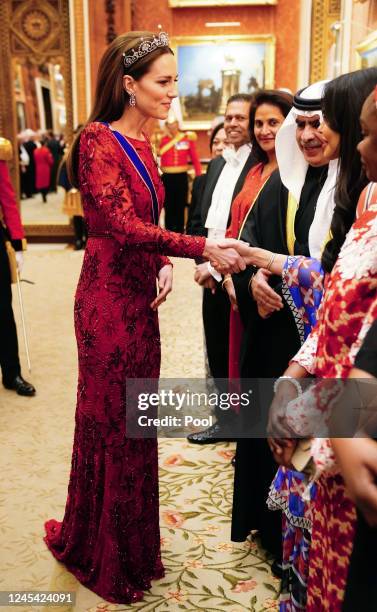 Catherine, Princess of Wales during a Diplomatic Corps reception at Buckingham Palace on December 6, 2022 in London, England. The last Reception for...