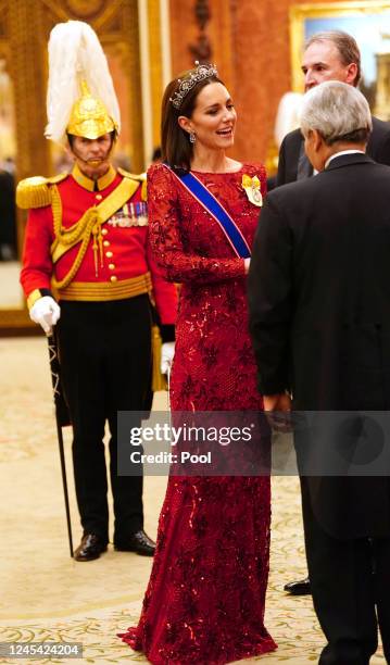 Catherine, Princess of Wales during a Diplomatic Corps reception at Buckingham Palace on December 6, 2022 in London, England. The last Reception for...