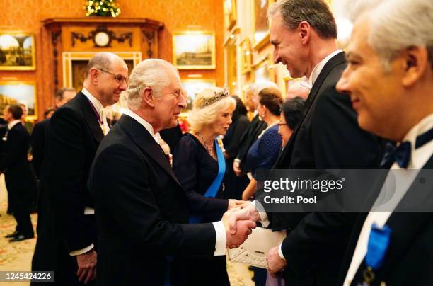 King Charles III during a Diplomatic Corps reception at Buckingham Palace on December 6, 2022 in London, England. The last Reception for the...