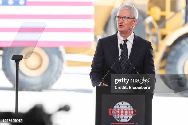 Tim Cook, chief executive officer of Apple Inc., speaks during a "First Tool-In" ceremony at the TSMC facility under construction in Phoenix,...