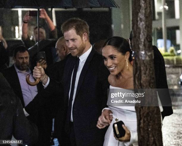 Prince Harry Duke of Sussex and his wife Duchess Meghan Markle arrive to attend the Ripple of Hope Award Gala in Nev York, United States on December...