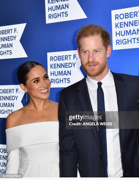 Prince Harry, Duke of Sussex, and Meghan, Duchess of Sussex, arrive at the 2022 Robert F. Kennedy Human Rights Ripple of Hope Award Gala at the...