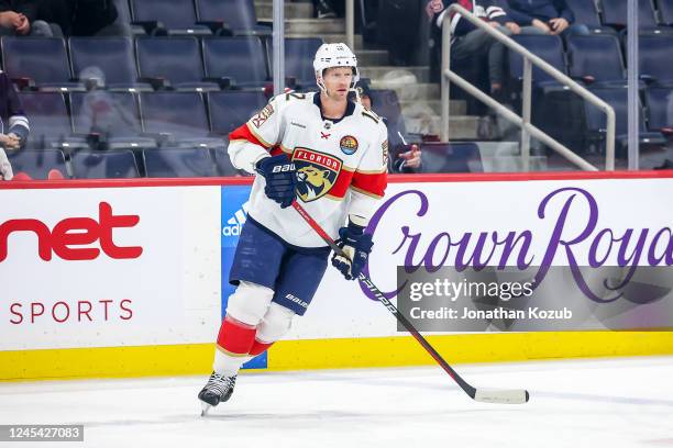 Eric Staal of the Florida Panthers takes part in the pre-game warm up prior to NHL action against the Winnipeg Jets at the Canada Life Centre on...