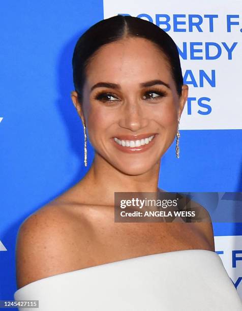 Meghan, Duchess of Sussex, arrives at the 2022 Robert F. Kennedy Human Rights Ripple of Hope Award Gala at the Hilton Midtown in New York on December...