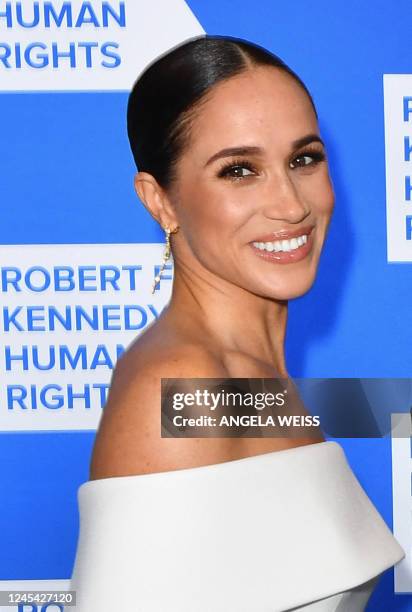 Meghan, Duchess of Sussex, arrives at the 2022 Robert F. Kennedy Human Rights Ripple of Hope Award Gala at the Hilton Midtown in New York on December...