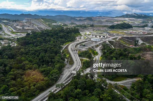 Aerial view of Cobre Panama mine in Donoso, province of Colon, 120 km west of Panama City, on December 06, 2022. - The foreign-owned open-pit copper...