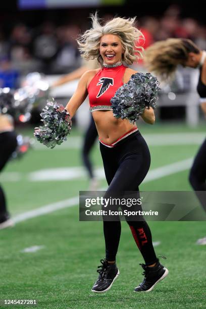 Falcons cheerleaders perform before the Sunday afternoon NFL game between the Atlanta Falcons and the Pittsburgh Steelers on December 4th, 2022 at...