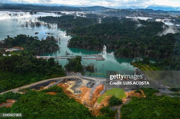 Aerial view of Cobre Panama mine in Donoso, province of Colon, 120 km west of Panama City, on December 06, 2022. - The foreign-owned open-pit copper...