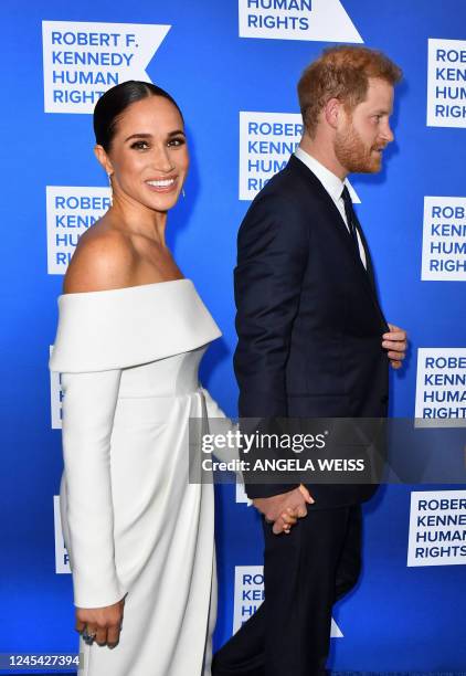 Prince Harry, Duke of Sussex, and Megan, Duchess of Sussex, arrive for the 2022 Ripple of Hope Award Gala at the New York Hilton Midtown Manhattan...