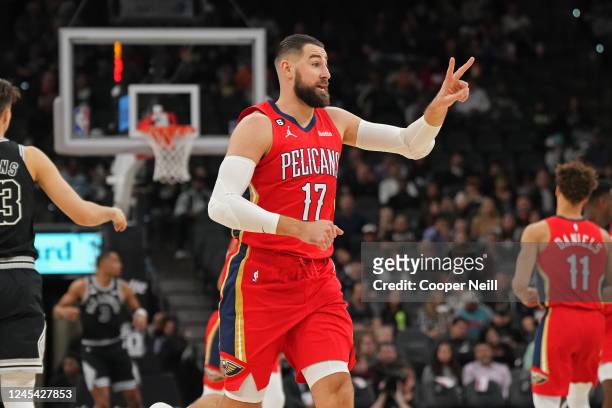 Jonas Valanciunas of the New Orleans Pelicans looks on during the game against the San Antonio Spurs on December 2, 2022 at the AT&T Center in San...