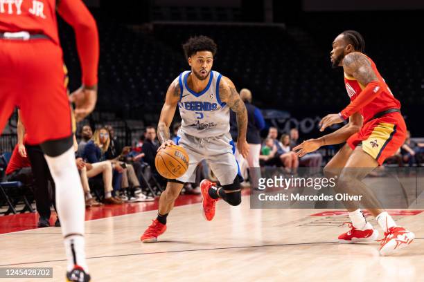 December 6: Tyler Dorsey of the Texas Legends dribbles in the first quarter against the Birmingham Squadron at Legacy Arena in Birmingham, AL on...
