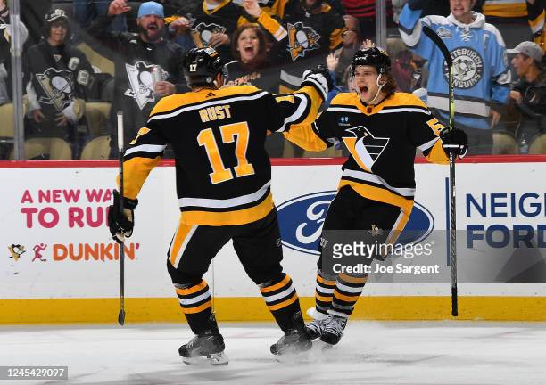 Teddy Blueger of the Pittsburgh Penguins celebrates his third period goal against the Columbus Blue Jackets at PPG PAINTS Arena on December 6, 2022...