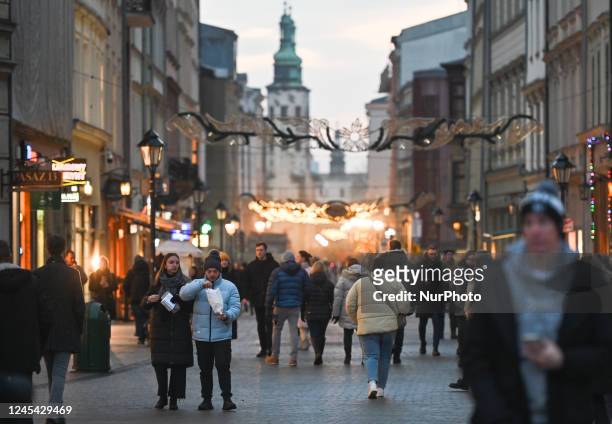 View of Christmas decorations on Grodzka Street in Krakow's Old Town. On Monday, December 05 in Krakow, Lesser Poland Voivodeship, Poland.