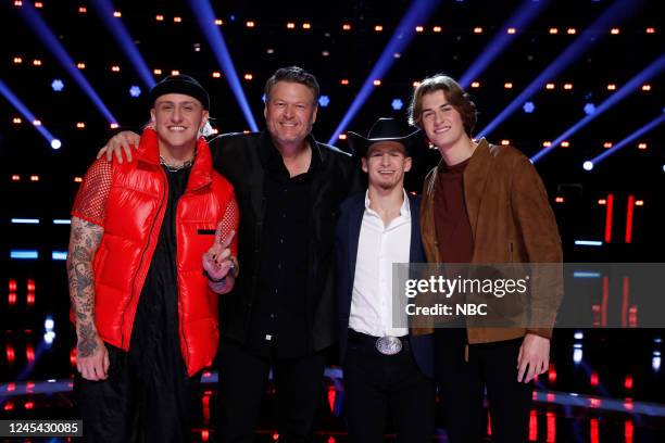 The Voice -- Live Semi-Final Top 8 Eliminations Episode 2219B -- Pictured: Bodie, Blake Shelton, Bryce Leatherwood, Brayden Lape --