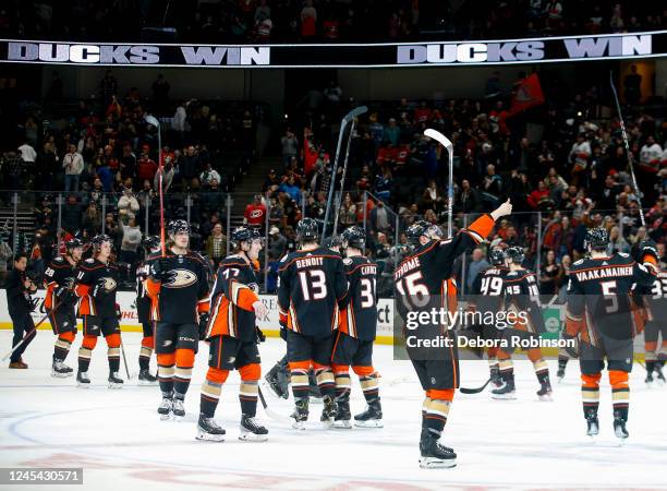 Anaheim Ducks celebrate their victory during overtime against the Carolina Hurricanes at Honda Center on December 6, 2022 in Anaheim, California.