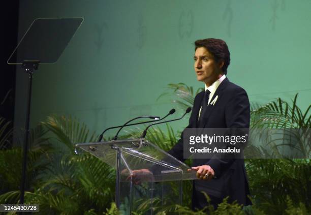 Prime Minister of Canada Justin Trudeau speaks during the opening ceremony of the United Nations Biodiversity Conference in Montreal, Quebec, Canada,...