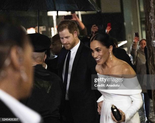 Prince Harry Duke of Sussex and his wife Duchess Meghan Markle arrive to attend the Ripple of Hope Award Gala in New York, United States on December...