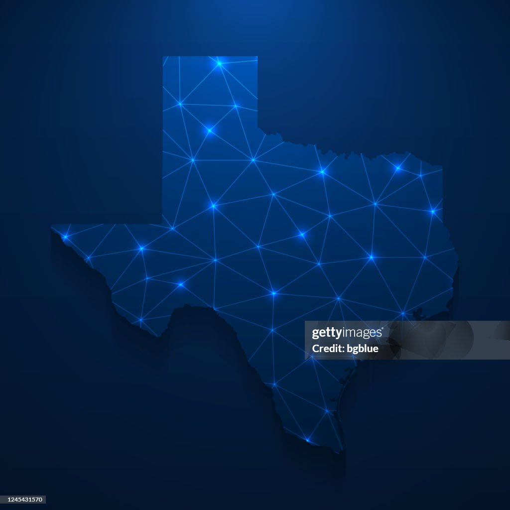 Rete di mappe del Texas - Mesh luminosa su sfondo blu scuro