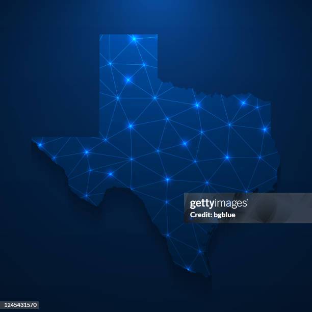 ilustrações de stock, clip art, desenhos animados e ícones de texas map network - bright mesh on dark blue background - us state border
