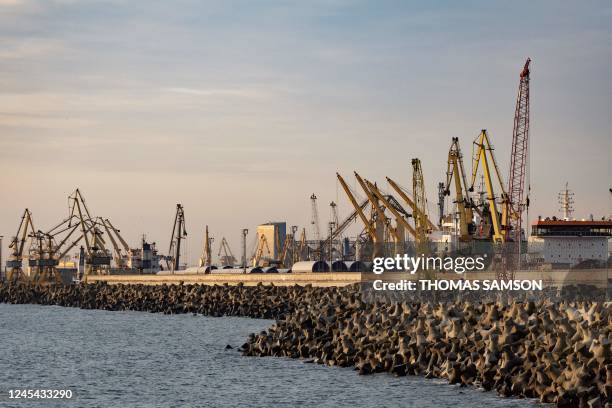 Picture taken on December 7 2022 shows cranes at Constanta's harbour.