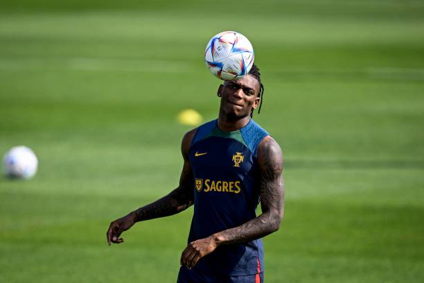 Portugal's forward Rafael Leao takes part in a training session at the Al Shahaniya SC training site in Doha on December 7 during the Qatar 2022...