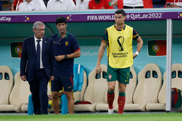 Fernando Santos, head coach of Portugal and Cristiano Ronaldo of Portugal during the FIFA World Cup Qatar 2022 Round of 16 match between Portugal and...