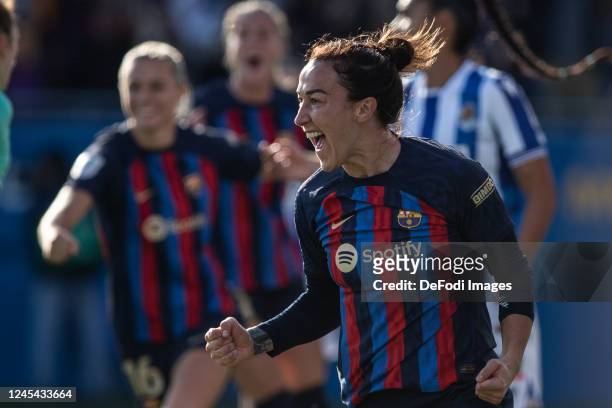 Lucy Bronze of FC Barcelona celebrates after scoring his team's second goal during the Liga F match between FC Barcelona and Real Sociedad on...