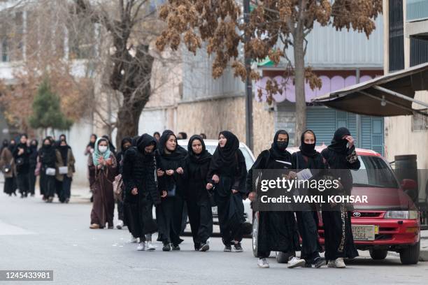 Afghan high schoolgirls return from school after taking part in their high school graduation exam in Kabul on December 7, 2022.