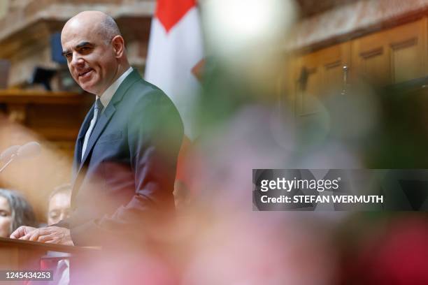 Newly elected Swiss President Alain Berset speaks after being elected during a meeting of the Federal assembly at the House of Parliament in Bern, on...