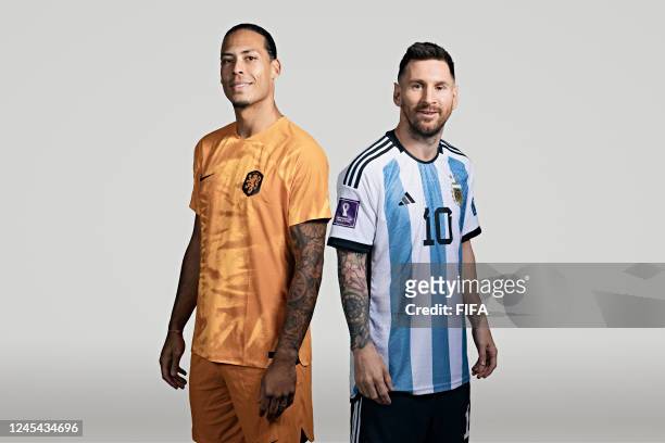 In this composite image, a comparison has been made between Virgil van Dijk of the Netherlands and Lionel Messi of Argentina who are posing during...