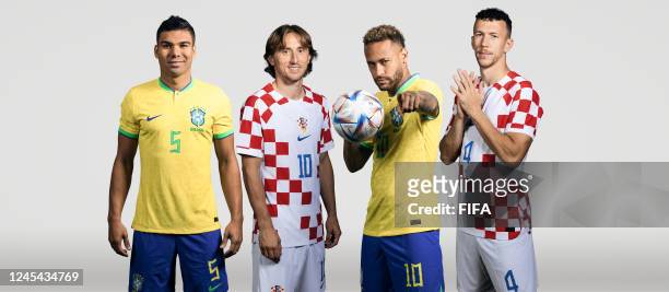 In this composite image, a comparison has been made between Casemiro of Brazil, Luka Modrić of Croatia, Neymar Jr of Brazil and Ivan Perisic of...