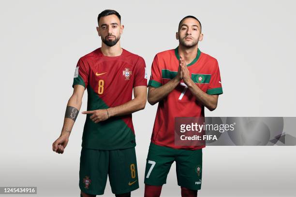 In this composite image, a comparison has been made between Bruno Fernandes of Portugal, Hakim Ziyech of Morocco who are posing during the official...