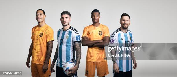 In this composite image, a comparison has been made between Virgil van Dijk of the Netherlands, Rodrigo De Paul of Argentina, Denzel Dumfries of the...