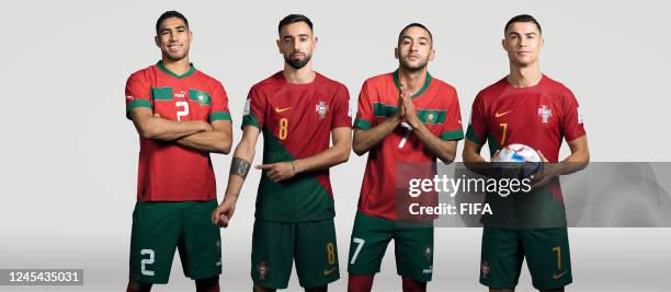 In this composite image, a comparison has been made between Achraf Hakimi of Morocco, Bruno Fernandes of Portugal, Hakim Ziyech of Morocco and...